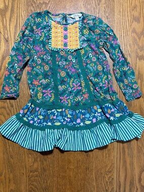 Matilda Jane Green Floral Dress with Mustard and Pink Accents